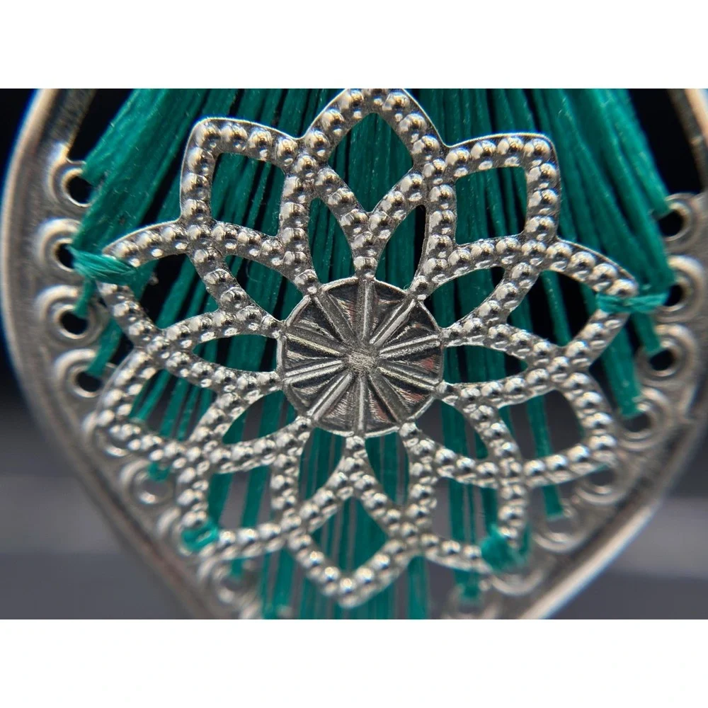Vintage Y2K Teal Thread Wrapped Mandala Drop Earrings Boho Festival‎ Statement